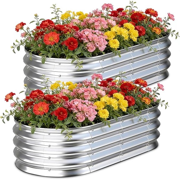 MOONXIAN 2 Pack Oval Galvanized Metal Raised Garden Beds, 4ft L x 2ft W x 1ft H Bottomless Outdoor Raised Planter Boxes, Heavy Duty Raised Bed Kit for Vegetables, Flowers, Fruits & Herbs, Silver