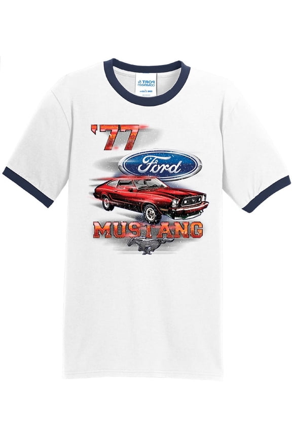 Mens Ford Mustang '77 1977 100% Cotton Ringer Tee Shirt, 2XL White/Navy