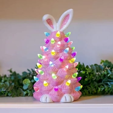 Easter Ceramic Tree,Light-Up Bunny Gnome Easter Decorations,Pink Bunny Tree Easter Decorations for Indoor Spring Home Office Tabletop Bunny Rabbit Pink Tree Home Decor