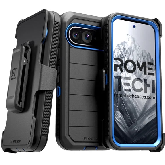 for Google Pixel 9 (2024) Case with Belt Clip Holster & Kickstand, Screenless Protective Dual-Layer Shockproof Phone Case for Pixel 9 - Black & Blue