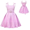 thumbnail image 3 of Disfraz De Barbie De Película Para Niños Margot Robbie Rosa A Cuadros Suspender Princesa Vestido Para Bebé Niñas Collar Sombrero Cumpleaños Halloween Carnaval Fiesta Vestidos, 3 of 4