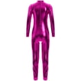 thumbnail image 2 of Hansber Kids Girls Shiny Metallic Dance Unitard One Piece Wet Look Bodysuit Long Sleeve Full Length Jumpsuit Hot Pink XL/150, 2 of 8