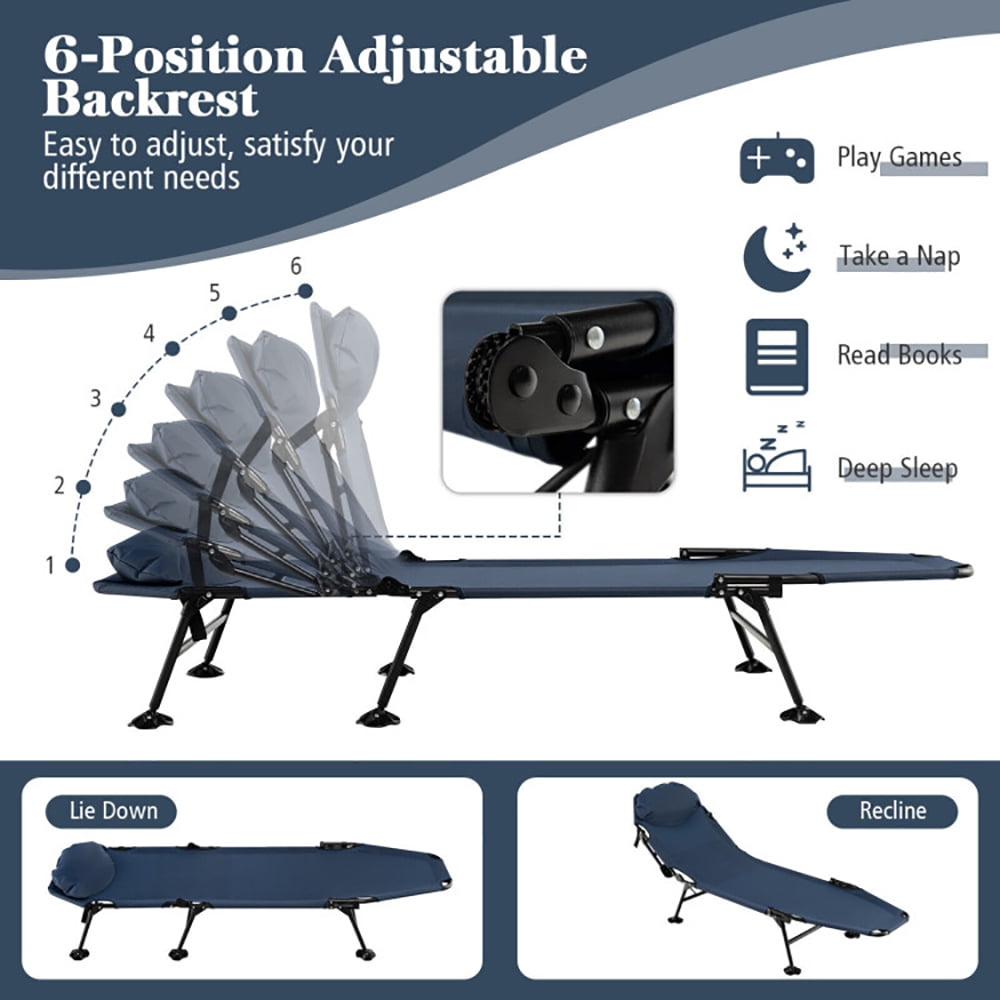 Aimee Lii Folding Camping Cot with Detachable Mattress and Adjustable Backrest, Outdoor Portable Camping Bed for Sleeping Hiking Travel, Navy