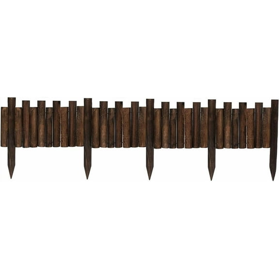 Wood Staggered Short Fence - 8" H x 3.7' L. Burnt Wood Finish Outdoor Landscape Edging Flexible Decorative Border - Garden Yard Flower Bed Tree Fence - Stakes 4"