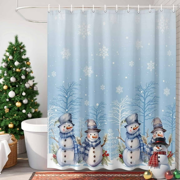 Christmas Snowflake Shower Curtain, 48" x 72", Cute Snowman Waterproof Bathroom Curtain Washable Shower Curtain Set with 12 Hooks