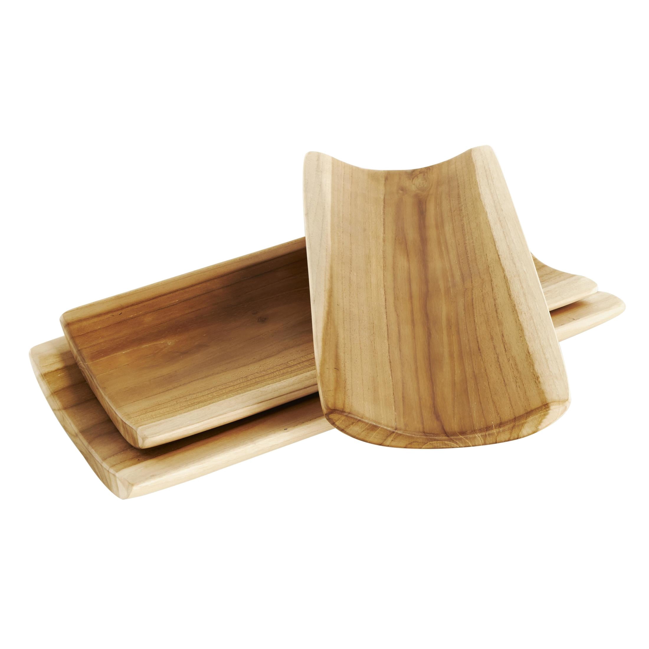 DecMode 18", 16", 14"W Brown Teak Wood Handmade Curved Tray, 3-Pieces