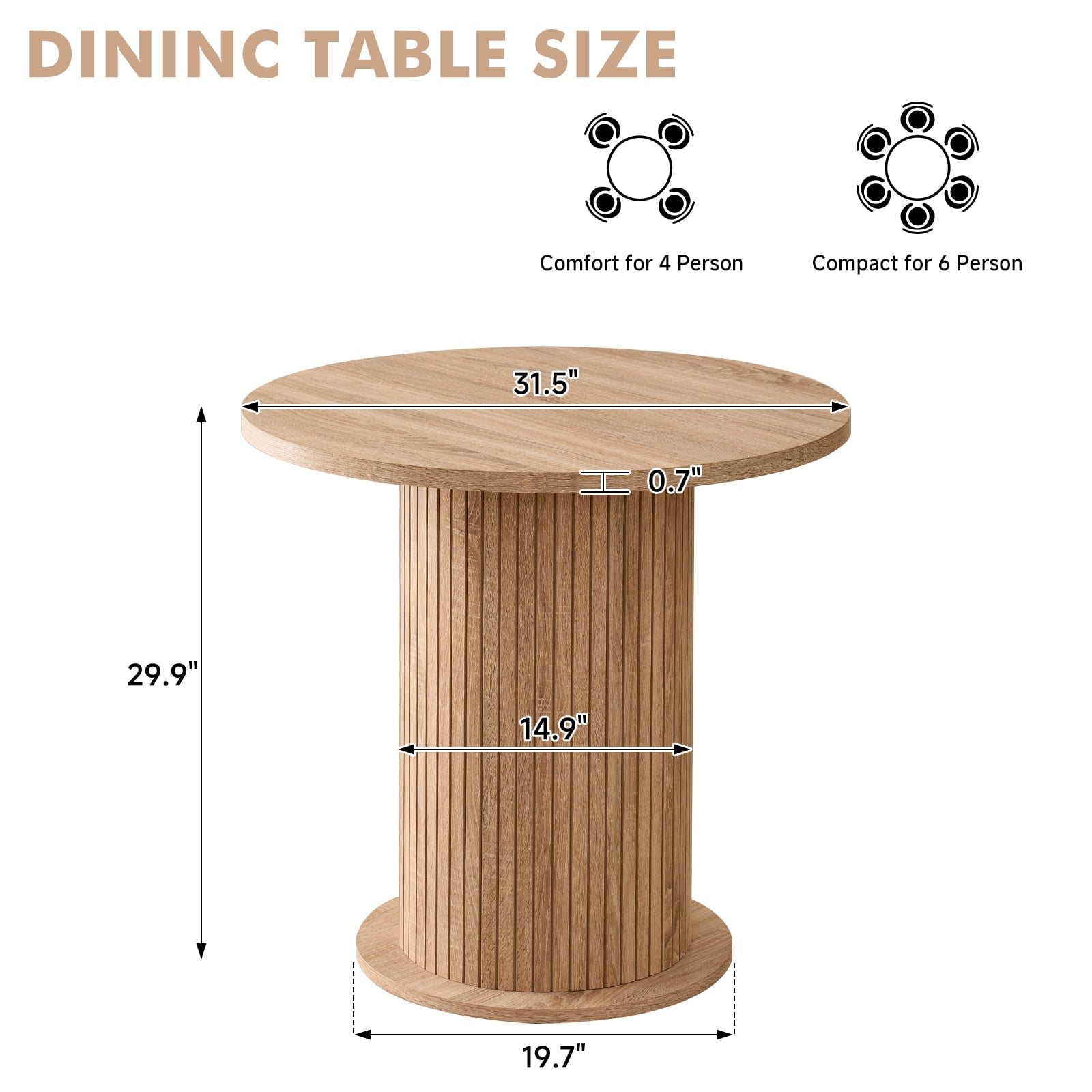 31.5" Round Dining Table for 2, Modern Small Pedestal Kitchen Table, Space Saving, for Apartment Dining Living Room. Natural
