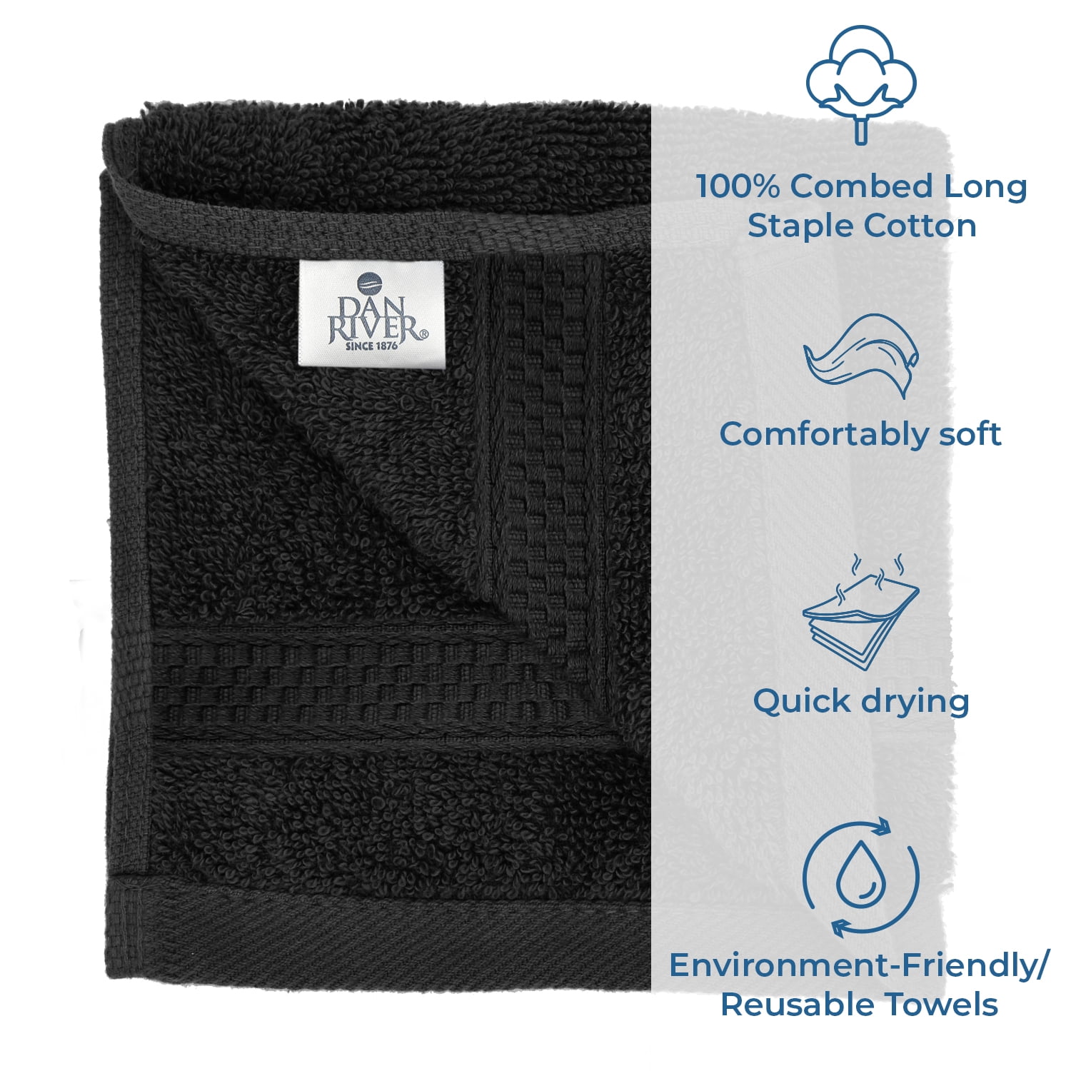 Dan River Washcloth for Face 12 pack Soft Absorbent and Quick Drying Durable Cotton Face Towel - Black