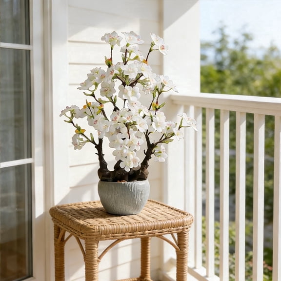 Artificial Cherry Blossom Tree Natural Trunk Faux Plastic Flower Artificial Tree with Plastic Planter for Home Office Indoor Tabletop Desk Kitchen Living Room Bedroom