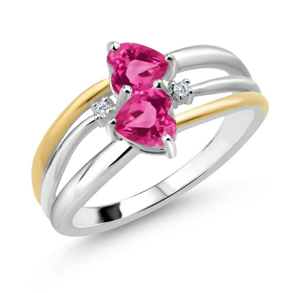 Gem Stone King 925 Silver and 10K Yellow Gold Pink Created Sapphire and White Lab Grown Diamond Band Ring for Women (1.22 Cttw, Gemstone September Birthstone, Heart Shape 5MM, Size 9)