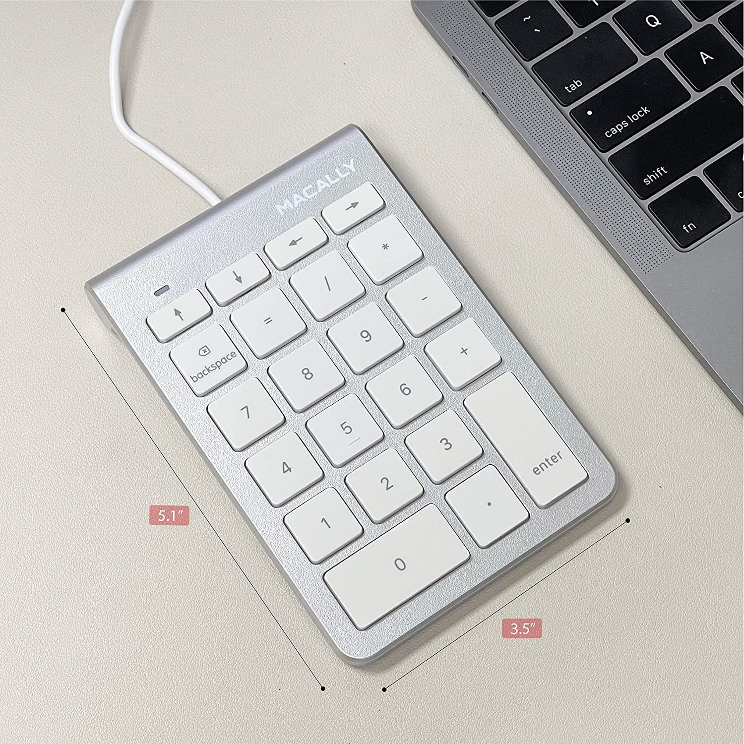 Macally Portable Thin Wired USB-C Number Pad Keyboard - Numeric Keypad for Laptops, Mac, Windows PCs - Silver