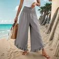thumbnail image 6 of Sijiajgjfu Women Linen Pants Summer Wide Leg Pants Smocked Waist Ruffle Hem Palazzo Pant Boho Flowy Beach Pant with Pocket 2025 Dark Gray M, 6 of 9
