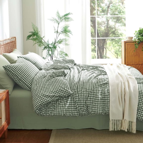 NAYOROOM 100% Cotton Gingham Duvet Cover Queen Set, 3-Piece Linen Like Textured Breathable Soft Bedding Cover (Dark Green Gingham)