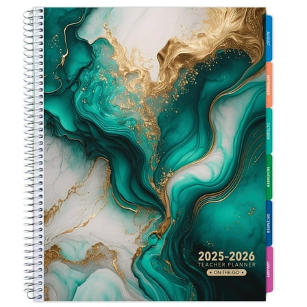 Aug 2025-Jul 2026 Lite Teacher Lesson Planner Notebook 8.5x11 Daily Weekly Monthly Organizers - Includes 7 Periods, Dated Calendar, Page Tabs, Bookmark, and Planning Stickers (Teal Gold Marble)