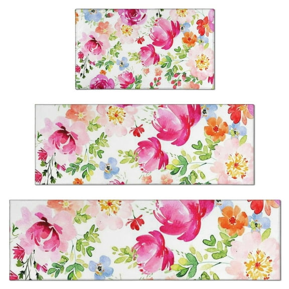 Pioneer Flower Floral Print Pattern Kitchen Rugs Sets Of 3,Kitchen Runner Rugs Non Skid Washable,Decorative Kitchen Floor Mats for Kitchen,Sink,Laundry,17"x30" 17"x47" 17"x59"