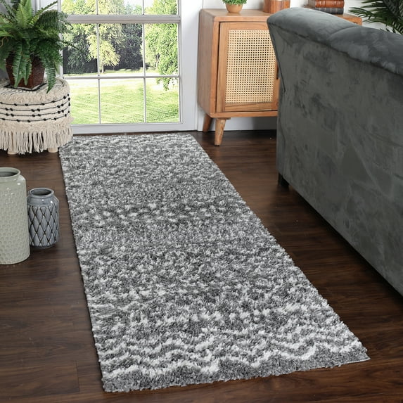 Abstract Stripe Plush Polypropylene Indoor Shag Runner Rug - 2’ 7” x 8', Cream-Black