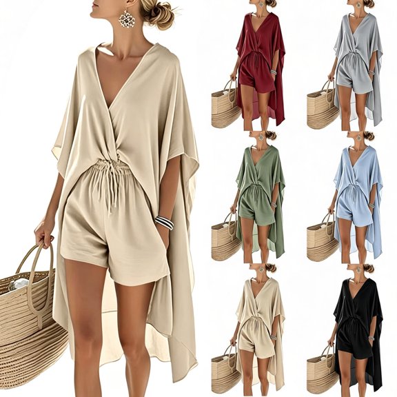 Purcolt 2 Piece Outfits for Women Summer Beach Cover Up Set V Neck Batwing Sleeve Top Drawstring Shorts Vacation Lounge Outfit
