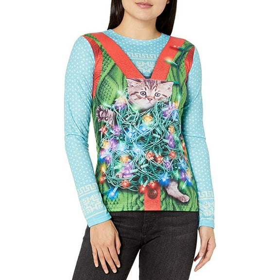 Faux Real Women's 3D Photo-Realistic XXL Trapped Cat Ugly Christmas Sweater T-Shirt
