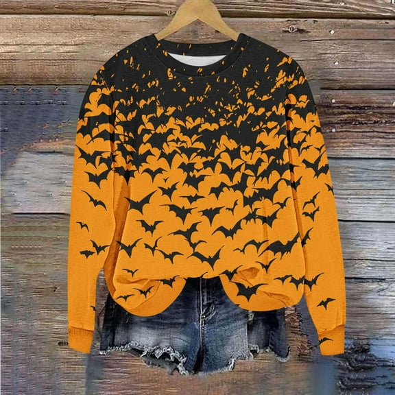 VKOYWKM Womens Sweatshirt Halloween Bat Graphic Sweatshirts Oversized Long Sleeve Crew Neck Pullover Vintage Halloween Sweatshirt
