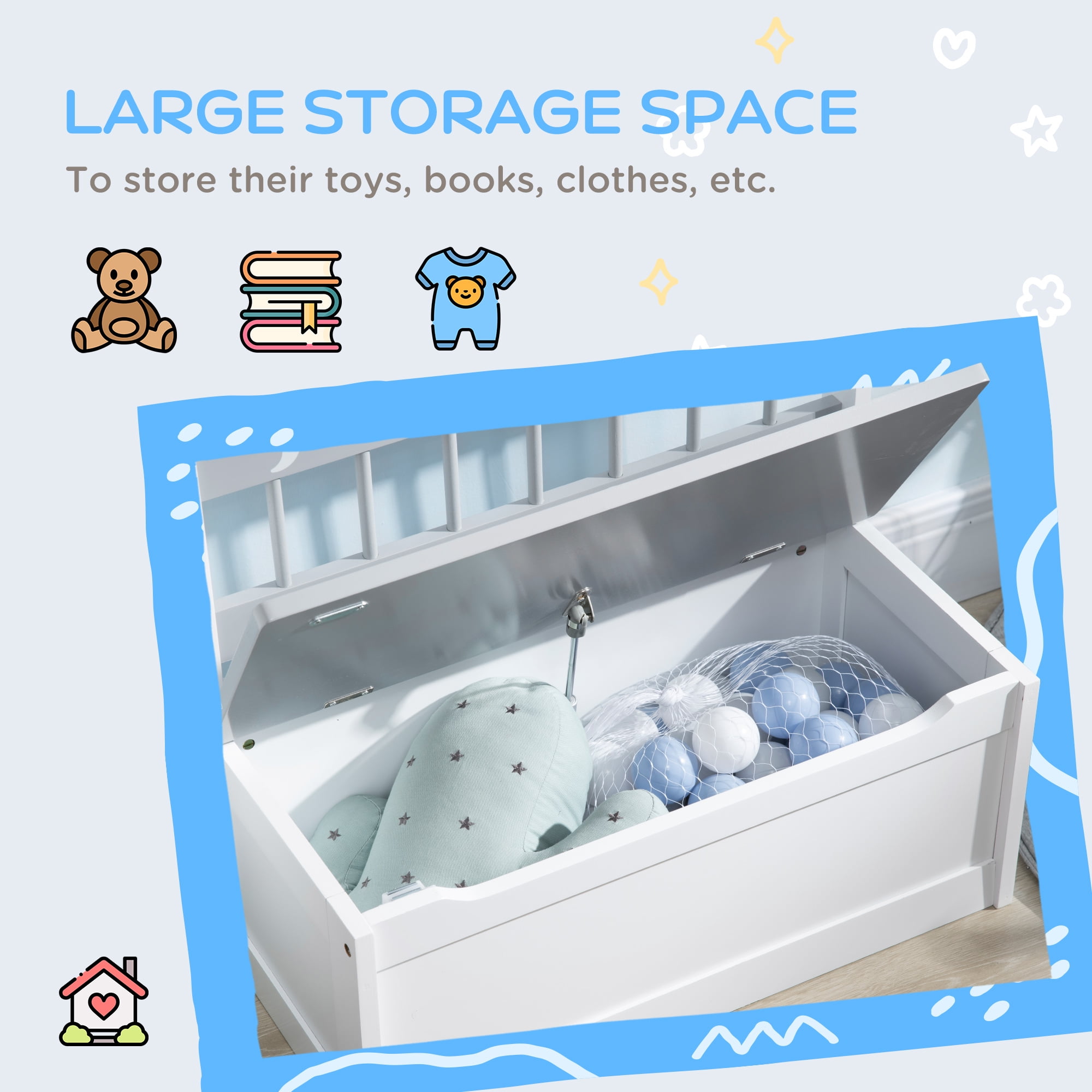 Qaba Toddler Toy Box Storage & Kids Storage Bench Seat for Toddler Playroom Furniture, Kids Bedroom Furniture, Toy Organizer Storage Bin, Gray