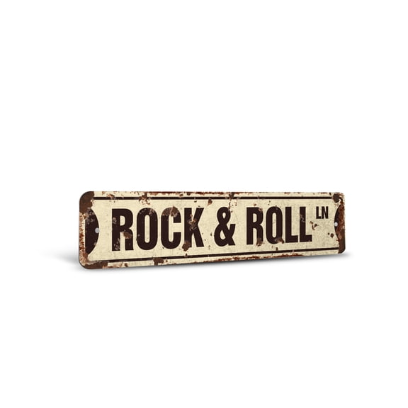 ROCK & ROLL Vintage Style Rustic Street Sign – Fame Music Band Guitar Musician Retro Decorative Wall Sign for Home, Bar, Garage, or Outdoor Use | 4" X 18" Aluminum Metal Road Sign