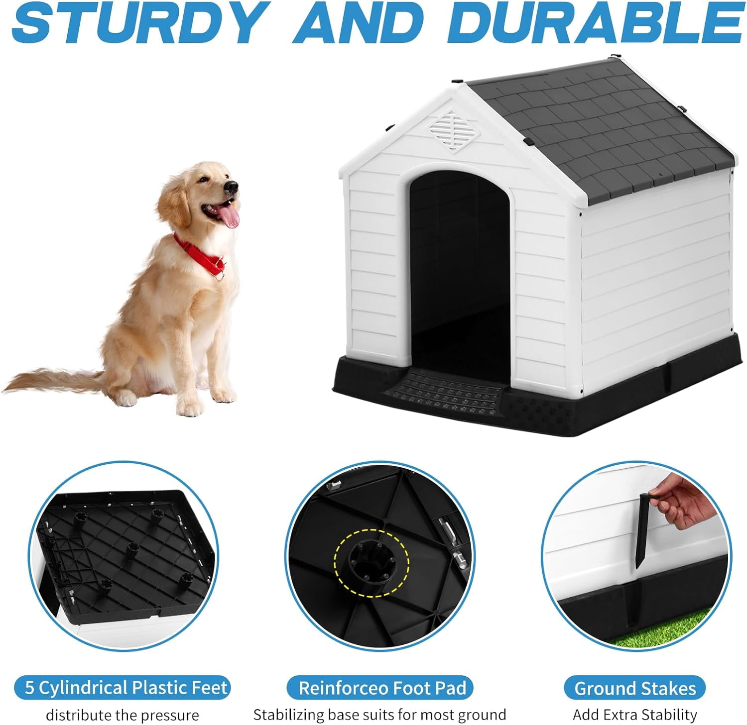 Dkelincs 28 inch Durable Plastic Dog House Indoor Outdoor Weatherproof Pet House with Air Vents and Elevated Floor, Gray