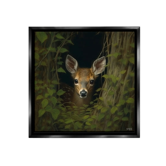 Stupell Industries Fawn Peeking from Trees Animals & Insects Painting Black Floater Framed Canvas Art Print Wall Art, 18 x 18