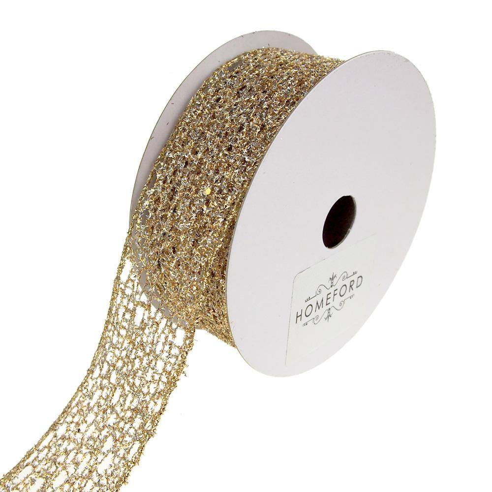 Open Weave Metallic Glitter Tinsel Mesh Christmas Ribbon, Gold/Silver