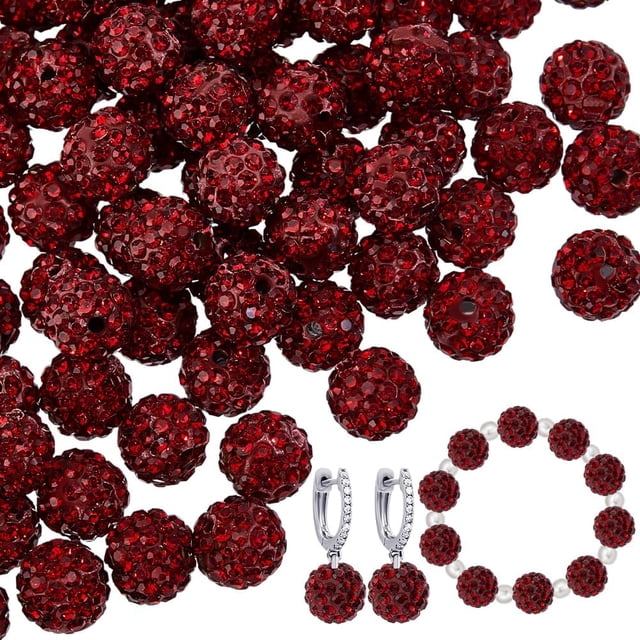 100 Pcs Perles en Strass Rouge Foncé 10mm Perles en Argile Pavé Boule Disco Rondes Perles en Argile pour Fabrication de Bijoux Collier Bracelet Décoration de Fête