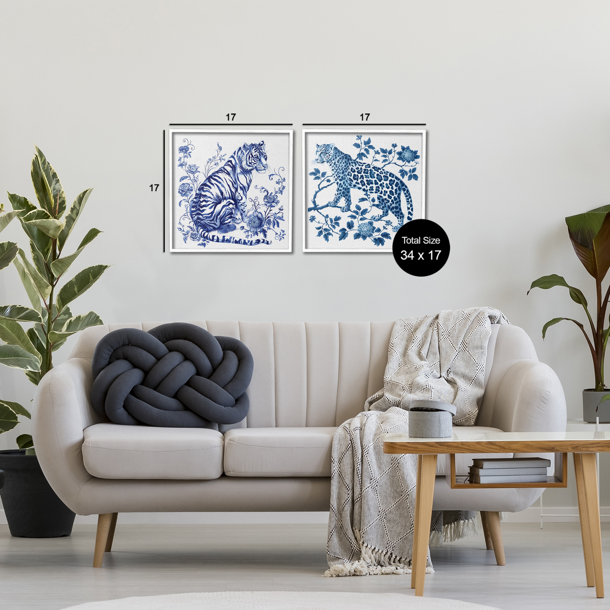 Ornate & Detailed Large Cats 2 Piece White Framed Giclee Art Set, design by Lettered and Lined