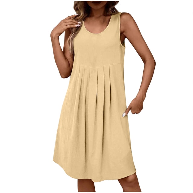 Amzcrzy Robes pour Femmes Couleur Unie Coton Lin Robe Mode Sans Manches Robes d'Été Col Rond Robe Décontractée Plissée à Volants Mini Robe