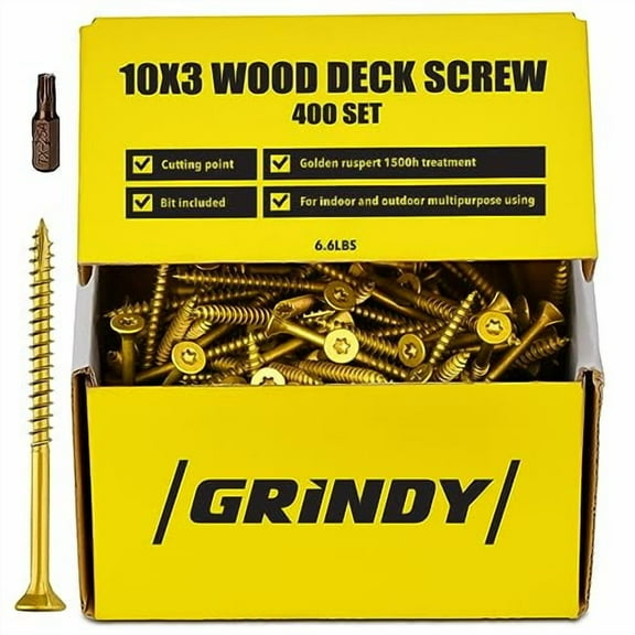 #10 x 3" Wood Screws by Grindy (400pack/6.6LBS) – DIY Deck Screws for Cabinet, Furniture & Other Projects – 1500H Golden Ruspert Treatment – for Indoor & Outdoor Use