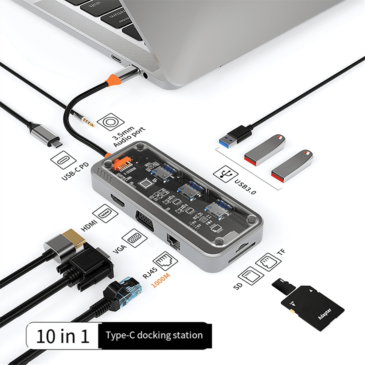 10-in-1 USB Type-C Docking Station Multi-Function Fast Charging Station Gigabit Docking Station