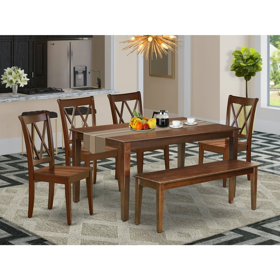 Rectangular Dining Set - 60 Inch Table, 4 Chairs & Bench - Asian Hardwood - Mahogany Finish