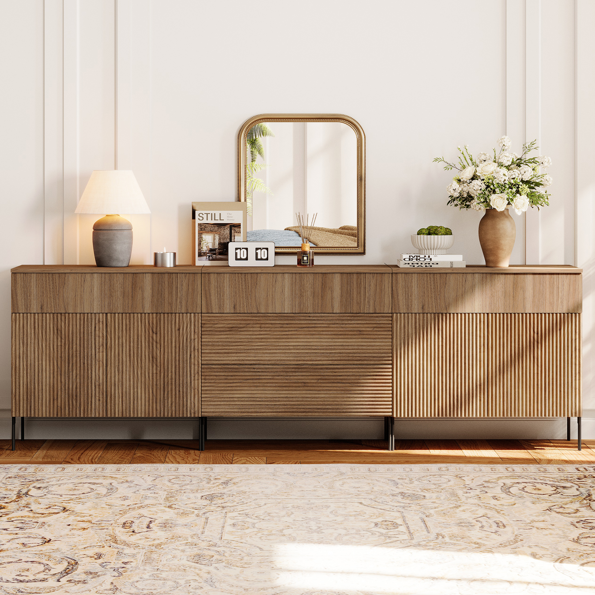 94.5" Modern Reeded 5-Drawer Dresser Set for Bedroom, Minimalist Chest of Drawers with Storage, Wooden Dresser for Living Room, Bedroom, Entryway
