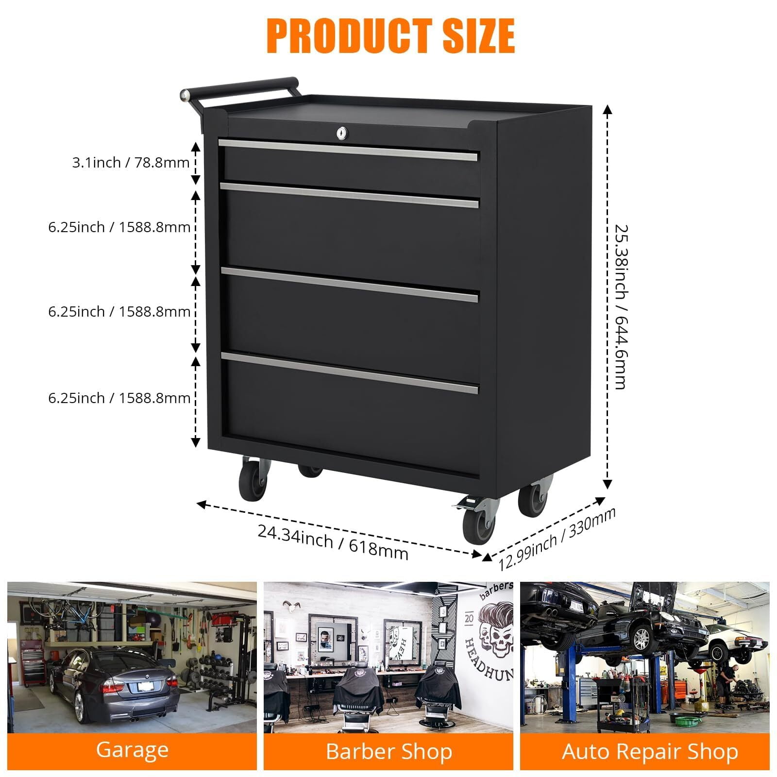 Garvee Metal Tool Box, Portable Tool Chest with Wheels and 4 Drawers for Garage, Workshop, Black