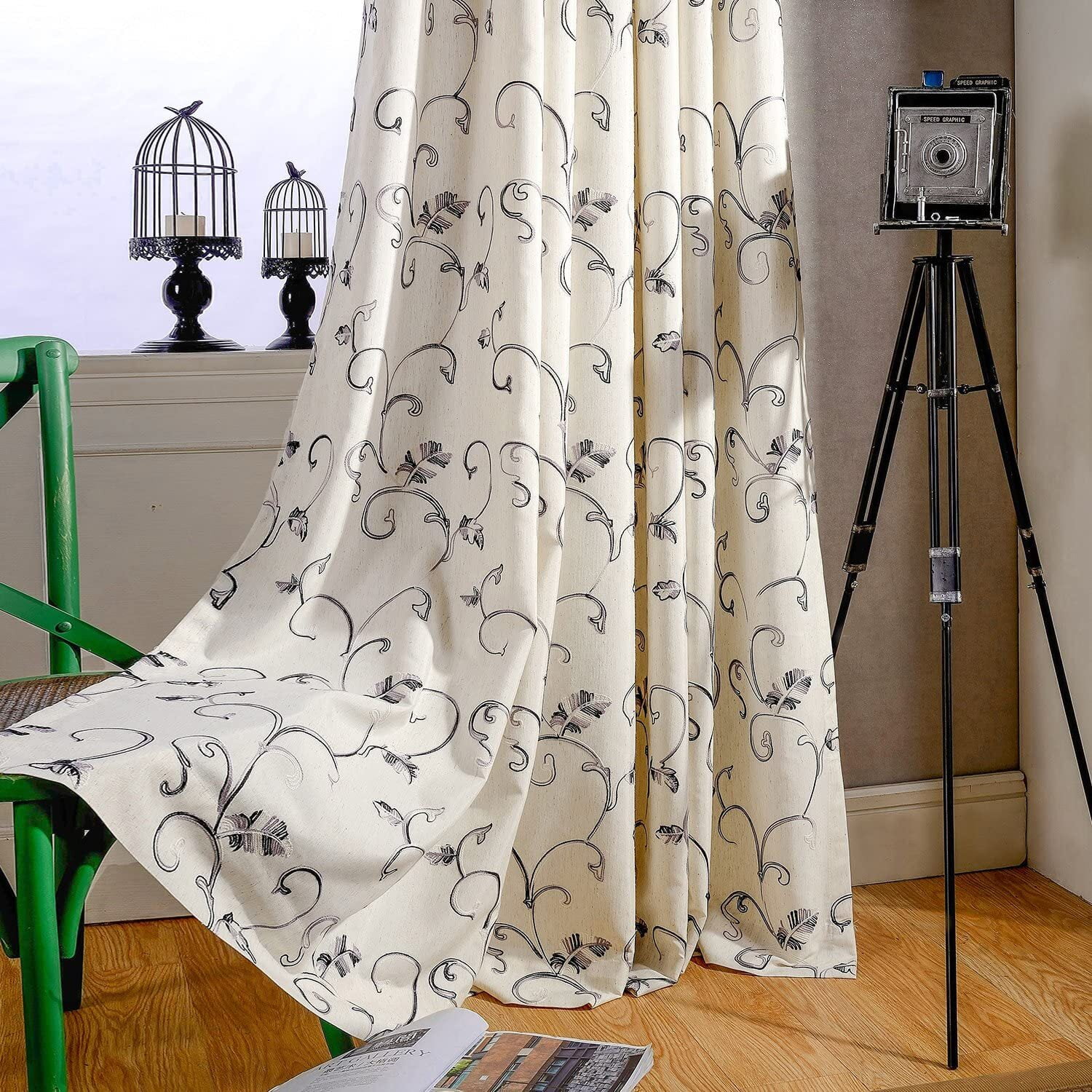Vines Embroidered Faux Linen Grommet Curtains, Light Filtering Window