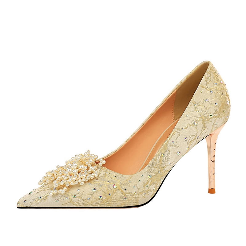 Lady Elegant Shoes Satin Slip-On Stiletto Heel Rhinestones Vintage Pointed Toe Banquet Wedding High Heel Shoes