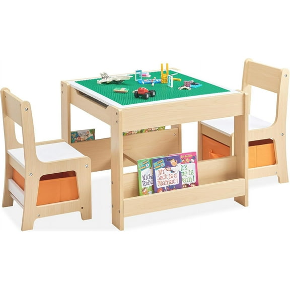 Kids Table and Chair Set, 4 in 1 Wooden Activity Table with Bookshelves and Storage Drawer, 2 in 1 Detachable Tabletop Construction Play Table Set for Drawing, Reading, Build Blocks