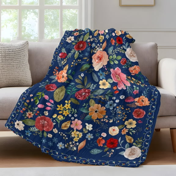 Navy Blue Floral Fleece Throw Blanket for Couch, Spring Farmhouse Botanical Flowers Vintage Microfiber Flannel Blanket, Lightweight Soft Throw Blankets for Bedroom, Living Room, 60"x80"