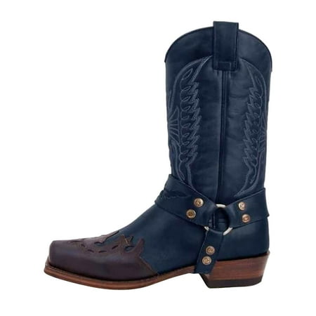 

GLOBO MEJOR Men s Square-toe Low-heel Stitching Square-heel Embroidered Mid-boot Boots