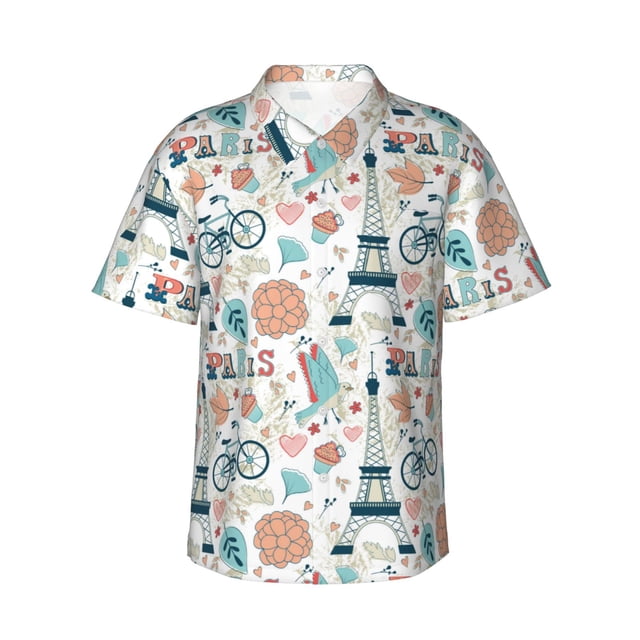 Fotbe Eiffel Tower Camisa Hawaiana para Hombre Unisex – Camisa Casual de Verano con Botones de Manga Corta de Algodón y Lino,X-Large
