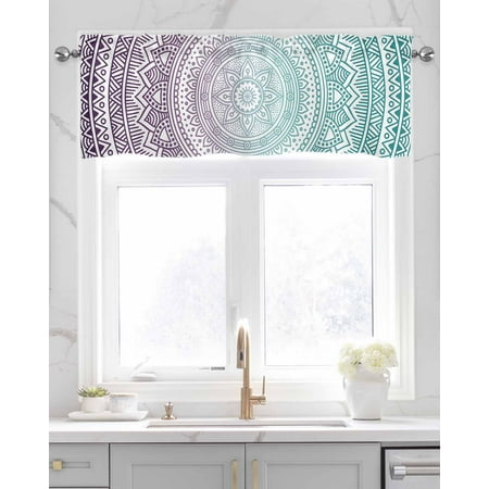 Faux Linen Valances for Windows Rustic Floral Flower Art Ombre Turquoise Purple Curtains Valance Light Filtering Rod Pocket Small Window Treatment for Kitchen Living Room Bedroom 54x18In