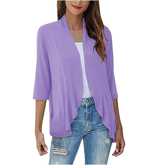 Diufon Shirt for Women Open Front 3/4 Short Sleeve Cardigan Top Summer Lightweight Baggy Blouse (Large, Purple)
