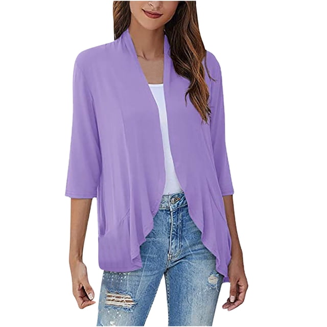AherBiu Women Casual Cardigan Lightweight Open Front Solid Color 3/4 Sleeve Draped Ruffles Outwear Tops