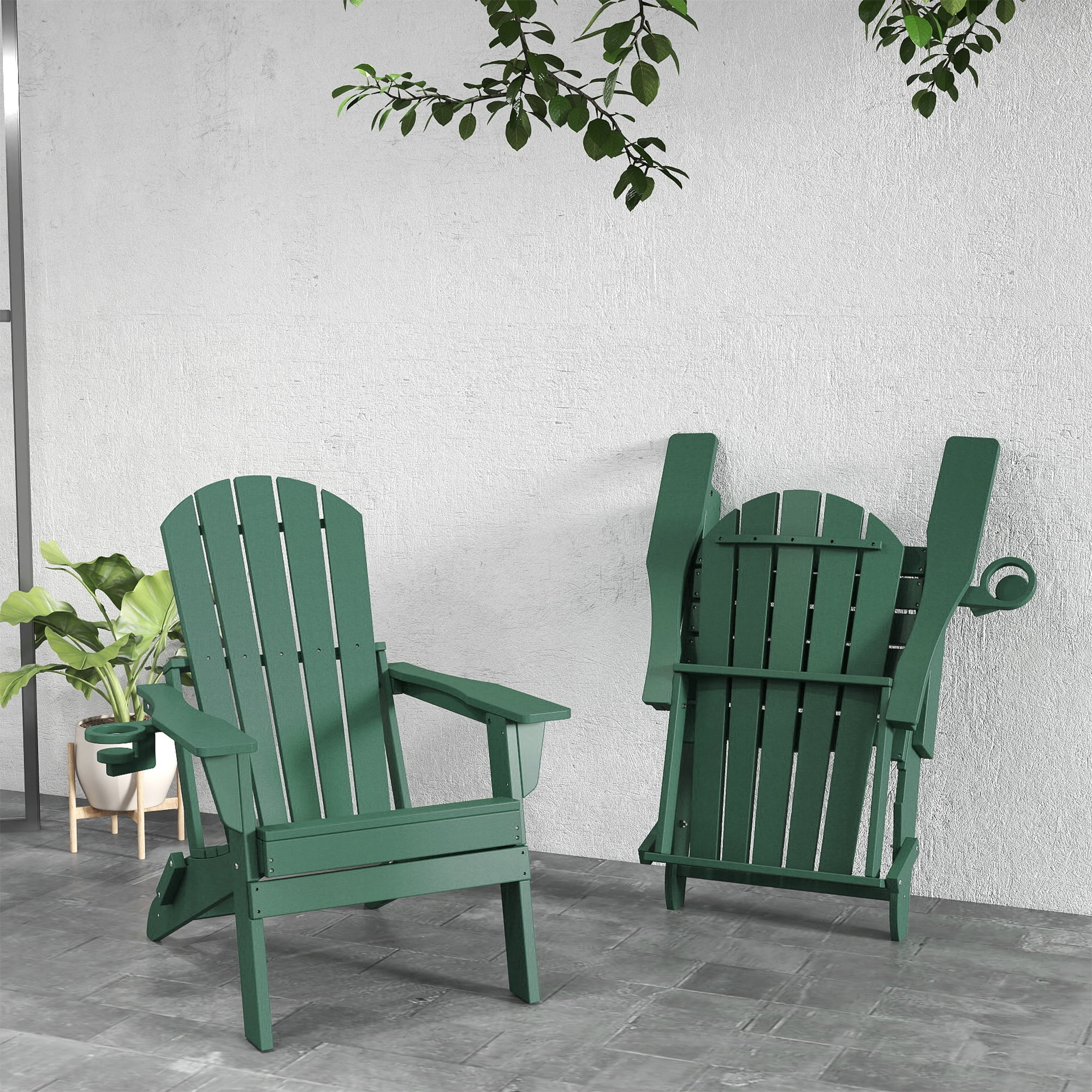 FOOWIN HDPE Folding Adirondack Chair with Cup Holder, Fire Pit Chairs Set of 2, Green