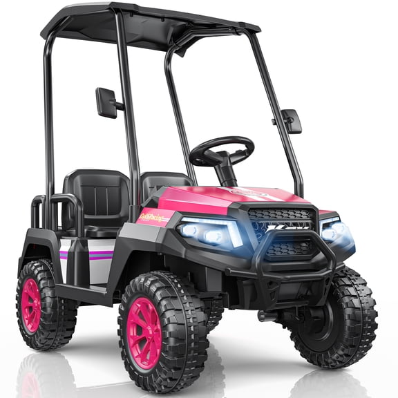 YorRover 4 Seater Kids' Golf Cart, 24V Electric Ride-On, 4×75W Motors, Parental Remote Control, 4WD Spring Suspension, Detachable Awning, Bluetooth & LED Lights, for Kids Ages 3 and up, Pink.