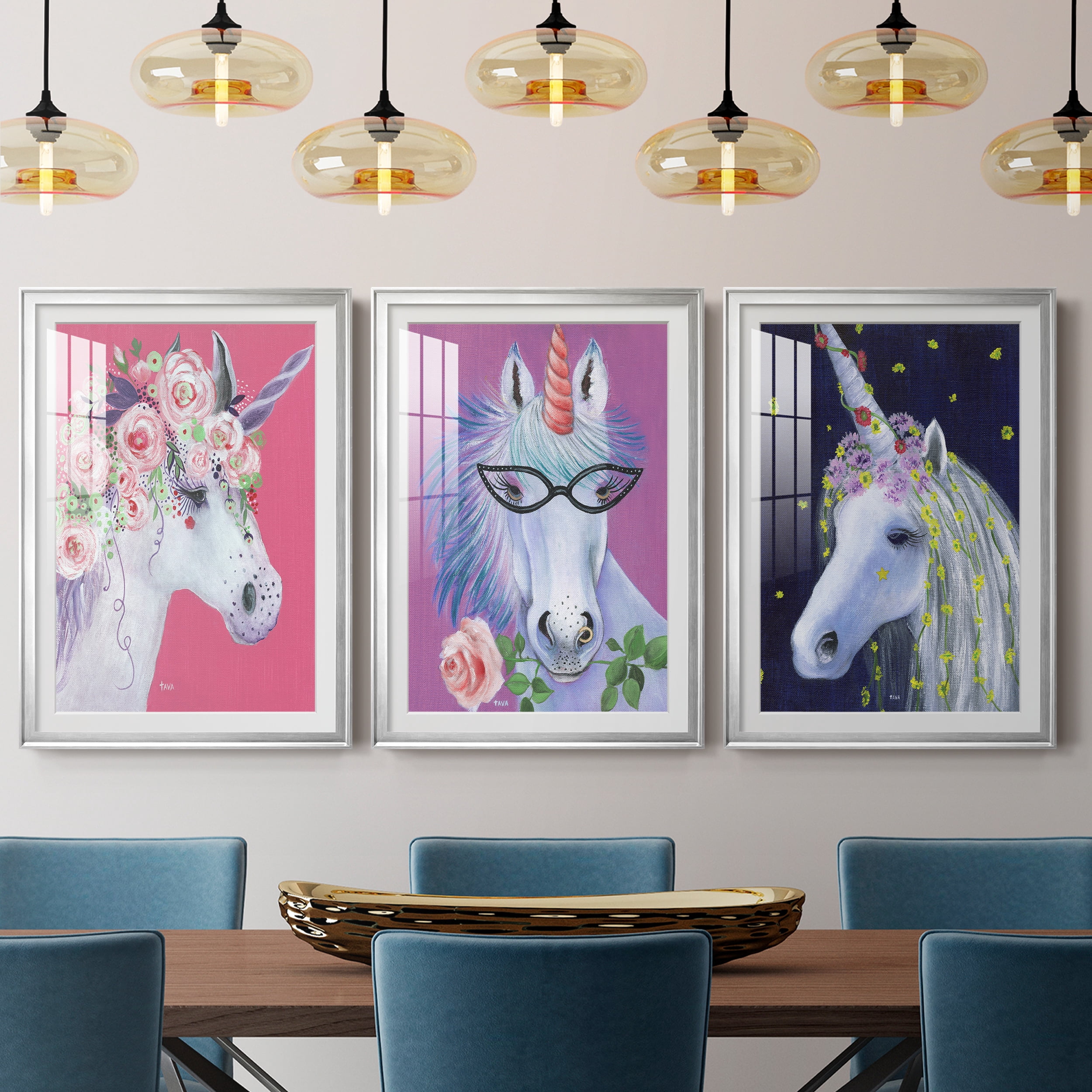 Unicorn II Premium Framed Prints Set of 3 - Ready to Hang - 26.5 x 36.5 Each - Silver Frame