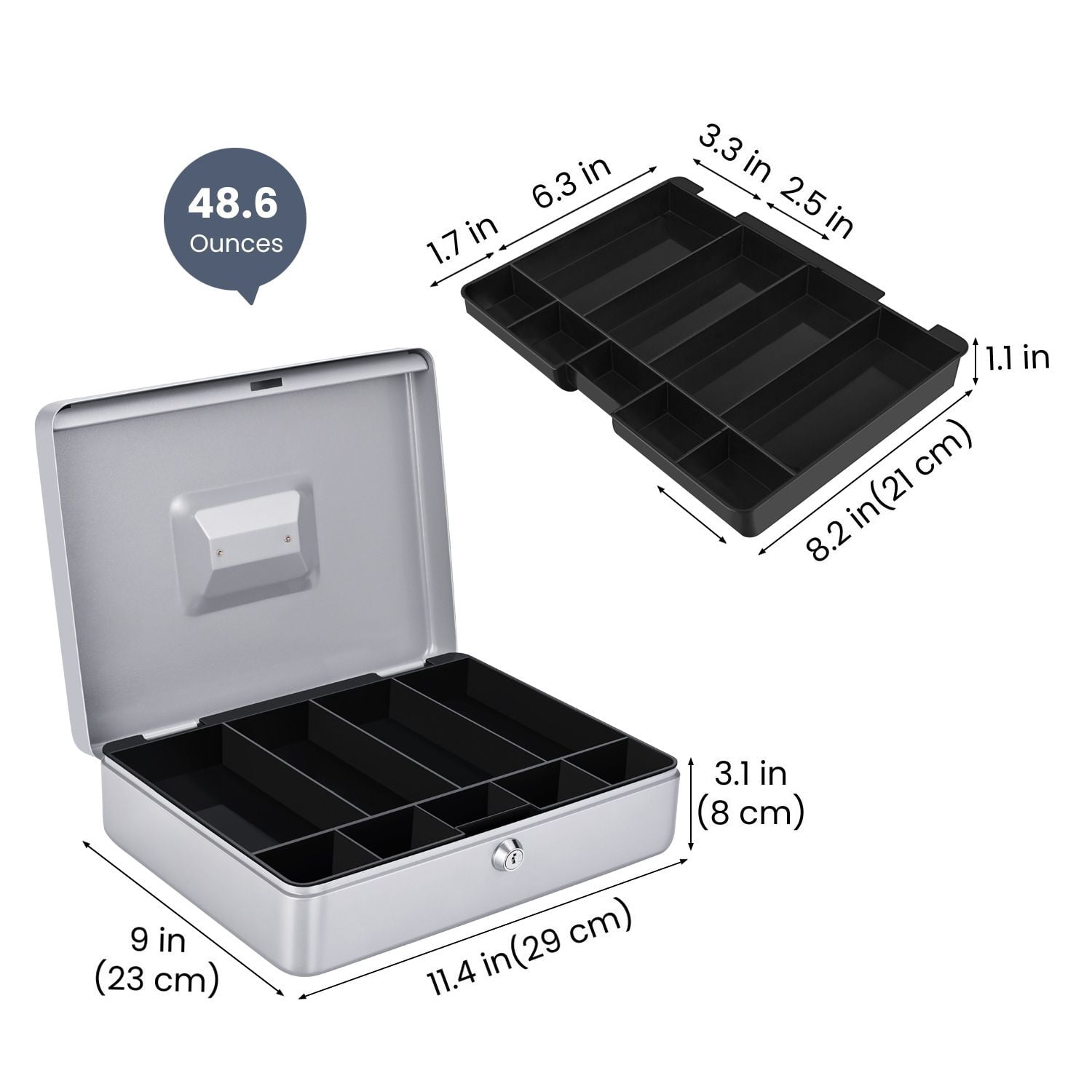 Cash Box with Money Tray and Lock - Metal Cash Box for Small Businesses, 9-Compartment Silver Money Box with Lock and Key for Petty Cash, Checks, Coins, Portable Money Box for Cash Storage