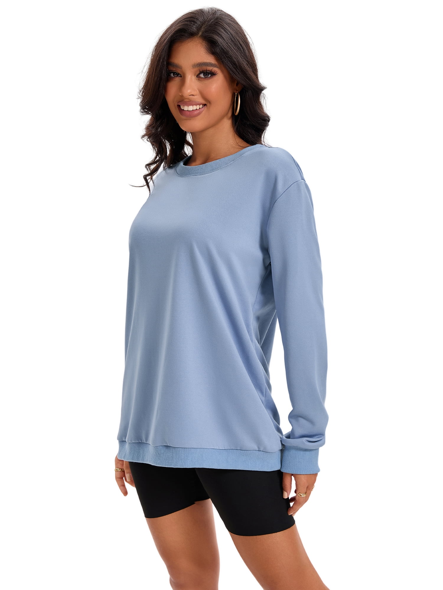 Unique Bargains Womens Sweatshirt Crew Neck Long Sleeve Pullover Shirts L Gray Blue